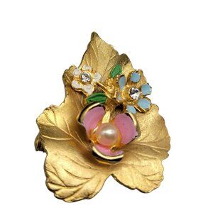 Vintage Lily Pad Brooch Floral Enamel Rhinestones Faux Pearl Gold Tone